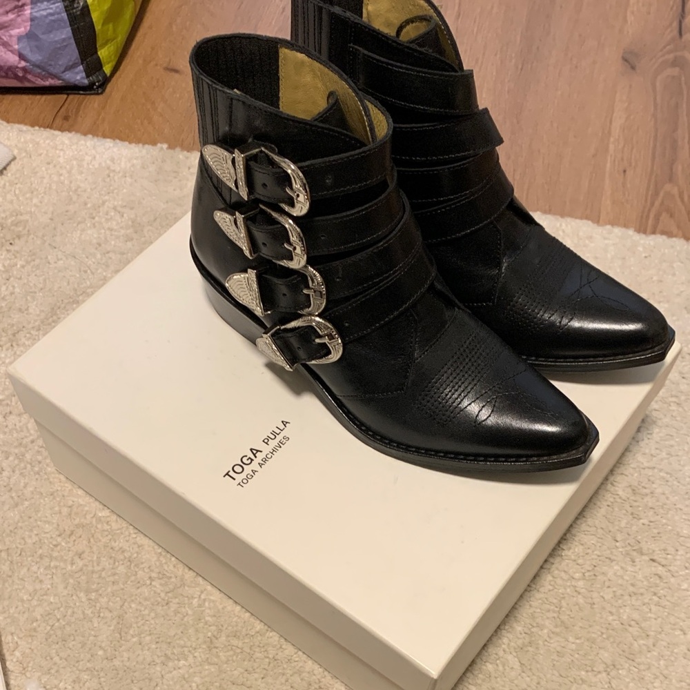 TOGA Pulla Black Ankle Boots with Silver Buckles